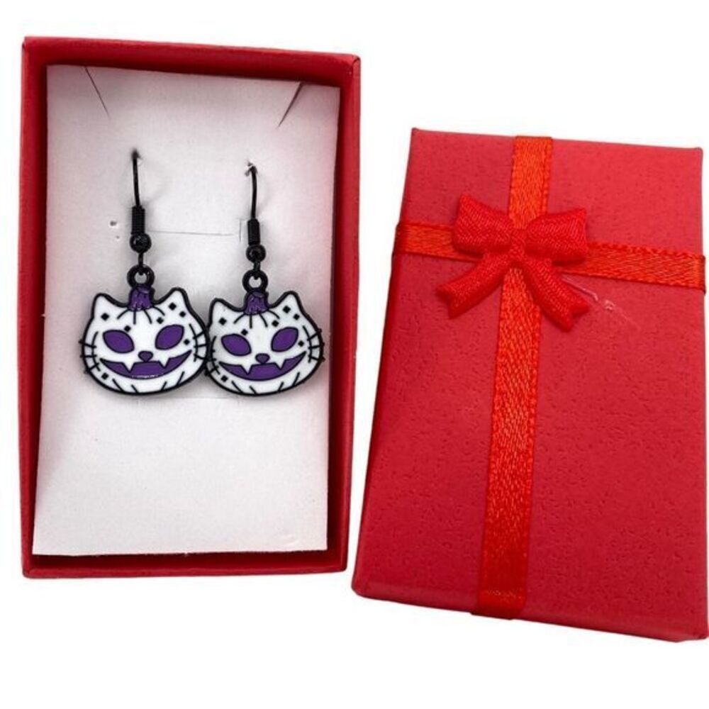 Pumpkin Cat White Purple Jack-O-Lantern Enamel Earrings